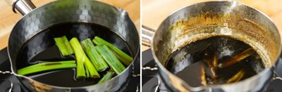 Cho rượu mirin, xì dầu, sake, nước, đường nâu và phần xanh của hành lá đã được rửa sạch, cắt khúc vào nồi, đun sôi ở lửa lớn. Sau khi sôi thì giảm nhỏ lửa, đun khoảng 30 phút không đậy nắp, đến khi thấy nước trong nồi giảm còn một nửa thì tắt bếp, lấy ra bát dùng làm xốt nướng gà.