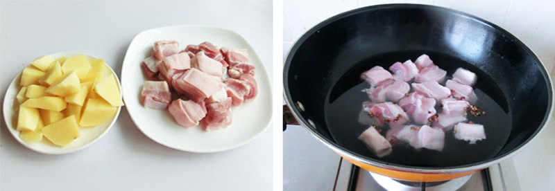 Thịt lợn rửa sạch, cắt miếng con ch&igrave;. Khoai t&acirc;y gọt vỏ, cắt miếng vu&ocirc;ng nhỏ rồi đem ng&acirc;m v&agrave;o nước muối lo&atilde;ng chừng 15 ph&uacute;t. Sau đ&oacute;, vớt khoai ra, rửa lại lần nữa cho thật sạch. Đun s&ocirc;i nồi nước, th&ecirc;m &iacute;t ớt kh&ocirc; v&agrave; 1 th&igrave;a canh rượu gạo, thả thịt v&agrave;o luộc sơ rồi vớt ra, để ri&ecirc;ng. Thao t&aacute;c n&agrave;y gi&uacute;p loại bỏ bớt chất b&eacute;o dư thừa trong thịt, đồng thời ch&uacute;t rượu gạo v&agrave; ớt kh&ocirc; đun c&ugrave;ng gi&uacute;p hương vị m&oacute;n ăn ngon hơn.