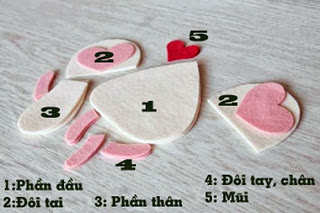 Cắt vải dạ m&agrave;u nude l&agrave;m phần đầu (2 tấm), tai (2 tấm), th&acirc;n (2 tấm). Cắt vải m&agrave;u đỏ h&igrave;nh tr&aacute;i tim l&agrave;m mũi (1 tấm), vải m&agrave;u hồng tr&aacute;i tim l&agrave;m tai (2 tấm),  ch&acirc;n tay (8 tấm).