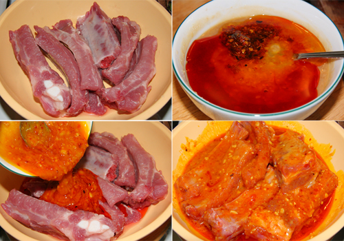 Ướp sườn với 1 muỗng mật ong, 1 muỗng đường, tỏi băm nhỏ, h&agrave;nh t&iacute;m băm nhỏ, 1 muỗng nước mắm .Ướp trong khoảng 30 ph&uacute;t.