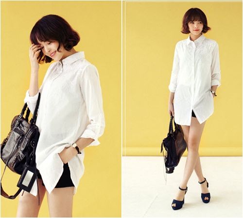 Sơ mi d&aacute;ng d&agrave;i phối c&ugrave;ng shorts hoặc mặc mốt 'giấu quần' đều ph&ugrave; hợp