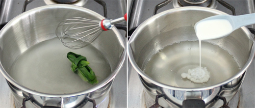 Cho nước, đường, bột agar, l&aacute; dứa v&agrave;o nồi đun tr&ecirc;n lửa vừa