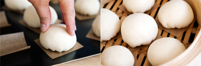 Cắt c&aacute;c miếng giấy vu&ocirc;ng nhỏ để l&oacute;t b&aacute;nh, đặt b&aacute;nh l&ecirc;n từng miếng giấy. Chuẩn bị xửng hấp, xếp b&aacute;nh bao v&agrave;o xửng rồi hấp trong khoảng 10 ph&uacute;t l&agrave; được.