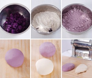 Trộn bột khoai vừa c&oacute; được với 200g bột m&igrave;, b&oacute;p đều. Cho men v&agrave;o 70ml nước ấm, đợi v&agrave;i ph&uacute;t cho men phồng l&ecirc;n th&igrave; nh&agrave;o bột v&agrave;o c&ugrave;ng, sẽ c&oacute; một hỗn hợp bột m&igrave; t&iacute;m m&agrave;u khoai lang rất đẹp. Phần bột m&igrave;, nước v&agrave; men nở c&ograve;n lại nh&agrave;o tương tự để c&oacute; hỗn hợp bột m&agrave;u trắng.