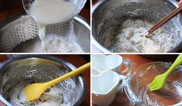Đổ bát men nở và phần nước còn lại vào trộn đều bột.