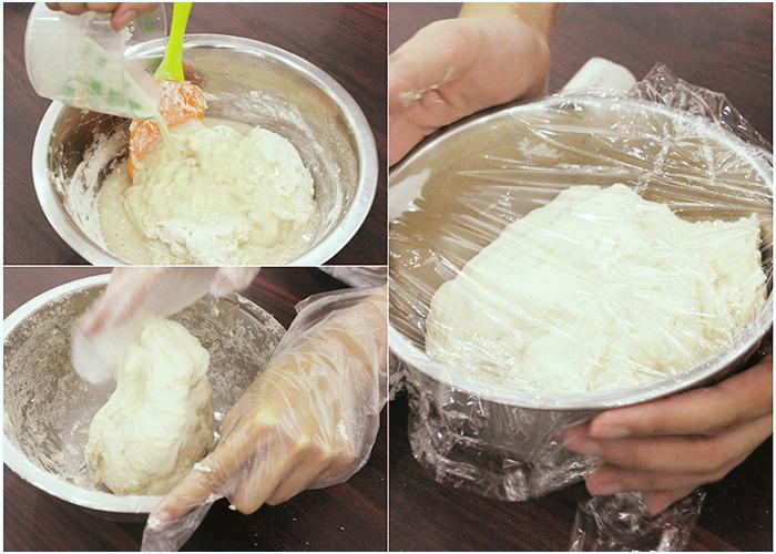 Cho men nở đ&atilde; ng&acirc;m v&agrave;o hỗn hợp tr&ecirc;n, trộn đều. Nhồi bột cho kỹ, đến khi bột kh&ocirc;ng d&iacute;nh l&agrave; đạt. Sau đ&oacute;, bọc lại ủ trong v&ograve;ng 2 tiếng