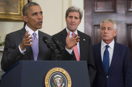 Tổng thống Mỹ Obama v&agrave; 2 người phụ t&aacute; Ngoại trưởng Kerry v&agrave; Bộ trưởng Quốc ph&ograve;ng Chuck Hagel trong buổi trả lời trước Quốc hội