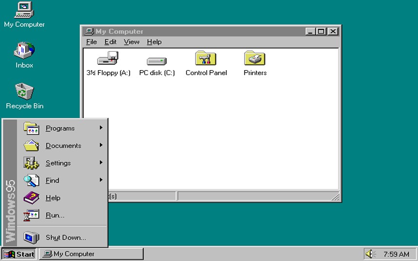 Hệ điều h&agrave;nh Windows 95 đ&atilde; c&oacute; giao diện người d&ugrave;ng ho&agrave;n thiện 