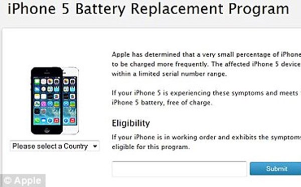 Th&ocirc;ng b&aacute;o thay thế pin miễn ph&iacute; cho những kh&aacute;ch h&agrave;ng c&oacute; iPhone 5 bị lỗi (đ&aacute;p ứng đủ điều kiện của h&atilde;ng Apple).