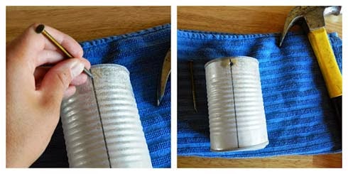 Bước 1: Đục quai đ&egrave;n: Vệ sinh sạch sẽ những hộp sắt, b&oacute;c hết lớp nilong d&iacute;nh ngo&agrave;i đi nếu c&oacute;, sau đ&oacute; l&agrave;m chiếc m&oacute;c treo đầu ti&ecirc;n bằng c&aacute;ch đục 2 lỗ đối diện nhau ngay gần miệng hộp.