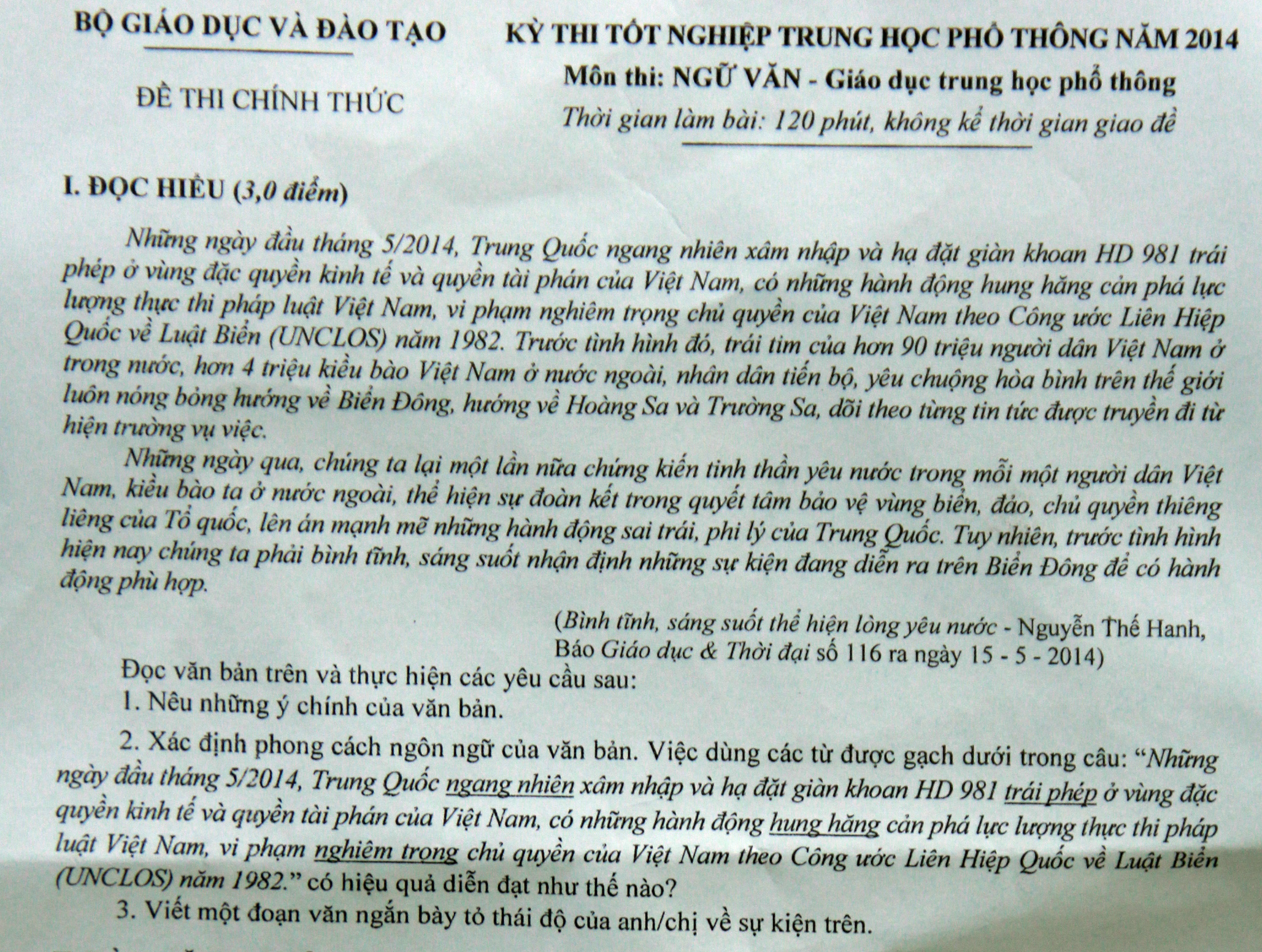 Lòng yêu nước được khơi dậy từ bài thi tốt nghiệp 2014