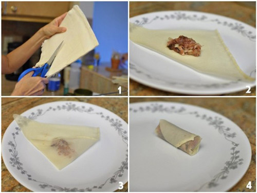 Trải b&aacute;nh tr&aacute;ng l&ecirc;n mặt phẳng, cho nh&acirc;n v&agrave;o rồi cuộn lại