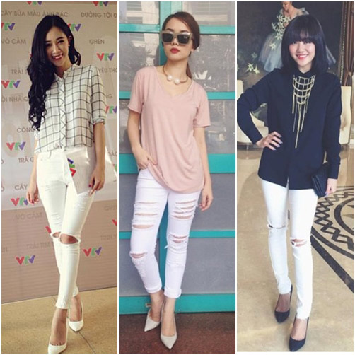 Quần jeans r&aacute;ch gối năng động rất được l&ograve;ng c&aacute;c mỹ nh&acirc;n Việt