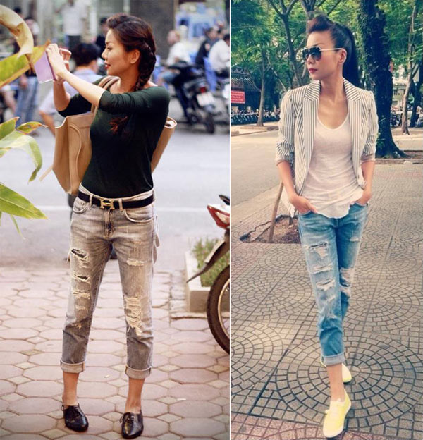 Thanh Hằng cũng nhiệt t&igrave;nh 'lăng x&ecirc;' mốt quần jeans r&aacute;ch n&agrave;y