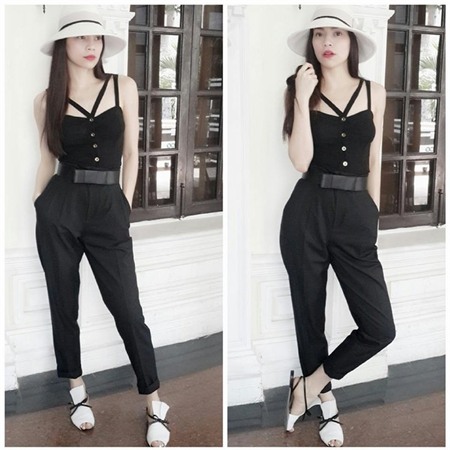 H&agrave; Hồ diện nguy&ecirc;n một c&acirc;y đen trắng với quần lửng cạp cao v&agrave; &aacute;o d&acirc;y