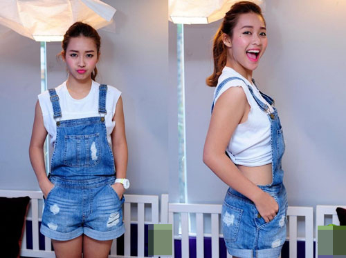 Hot girl Khả Ng&acirc;n nổi bật với quần yếm short v&agrave; &aacute;o crop top