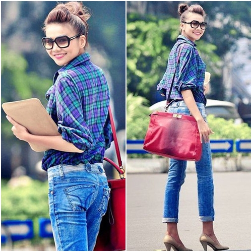 Thanh Hằng phối áo caro với quần jeans năng động, cá tính và có chút bụi bặm Thanh Hằng phối áo caro với quần jeans năng động, cá tính và có chút bụi bặm