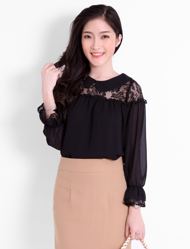 &Aacute;o sơ mi pha ren m&agrave;u đen gi&uacute;p t&ocirc;n da v&agrave; t&ocirc;n d&aacute;ng của chị em hơn