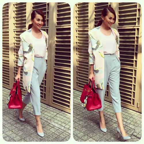 Thanh Hằng đập tan c&aacute;i n&oacute;ng m&ugrave;a h&egrave; với quần baggy vải m&agrave;u xanh pastel