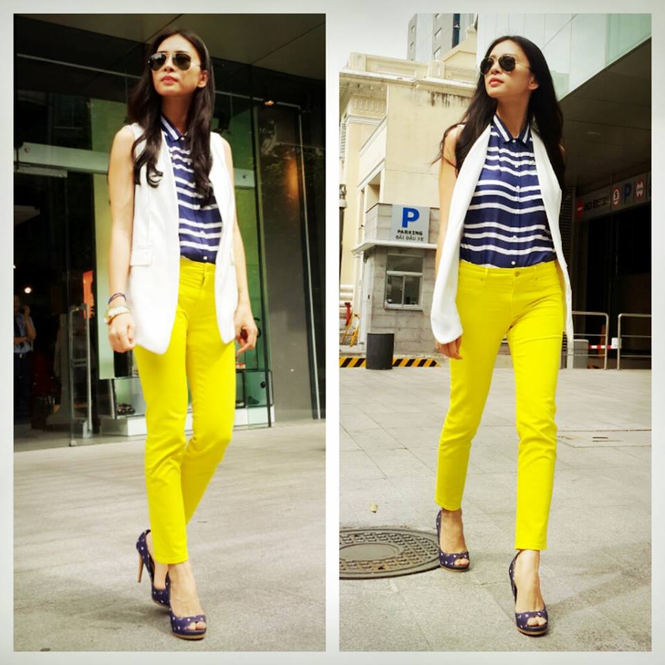 Ng&ocirc; Thanh V&acirc;n nổi bật tr&ecirc;n phố với quần vải skinny s&aacute;ng m&agrave;u