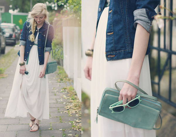 Váy maxi thướt tha k&ecirc;́t hợp với áo khoác denim cá tính, năng đ&ocirc;̣ng