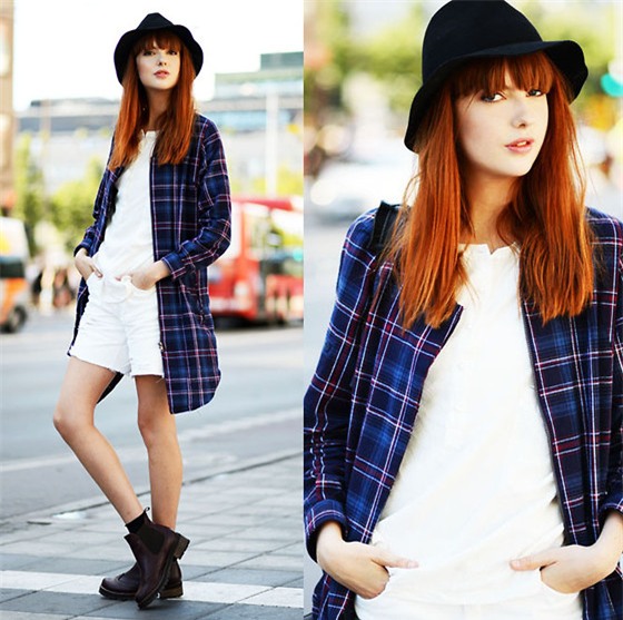 &Aacute;o dạ kẻ mix c&ugrave;ng quần short v&agrave; boots cao cổ sẽ thật trẻ trung v&agrave; phong c&aacute;ch
