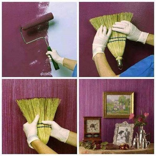  tạo ấn tượng cho bức tường đơn điệu bằng cách lăn sơn lên tường rồi dùng chổi rễ quét qua một lượt tạo đường nét. Thế là đã có 1 bước trang trí nhà đón Tết hoàn hảo 