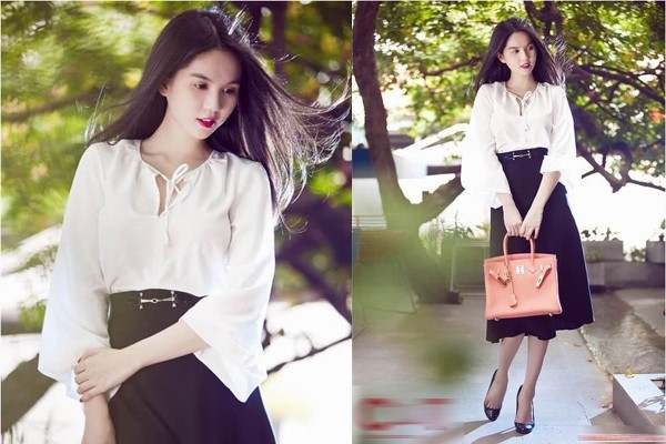 Ngọc Trinh kh&eacute;o l&eacute;o phối ch&acirc;n v&aacute;y c&ocirc;ng sở midi với &aacute;o sơ mi c&aacute;ch điệu