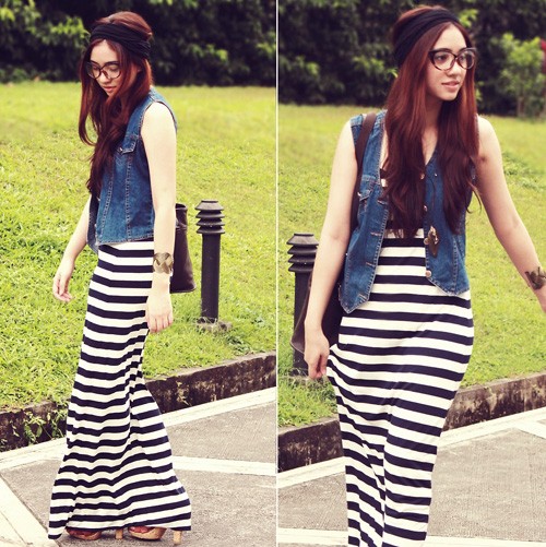 V&aacute;y maxi kết hợp với &aacute;o denim trẻ trung v&agrave; s&agrave;nh điệu 