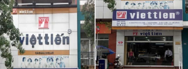Biển hiệu nh&aacute;i (tr&aacute;i) v&agrave; biển hiệu ch&iacute;nh h&atilde;ng Việt Tiến (phải)