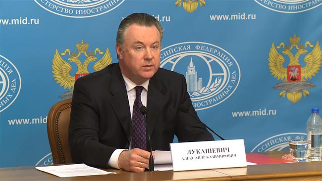 T&igrave;nh h&igrave;nh Ukraine mới nhất: Ph&aacute;t ng&ocirc;n vi&ecirc;n Bộ Ngoại giao Nga Alexander Lukashevich ph&aacute;t biểu trong cuộc họp b&aacute;o ở Moscow