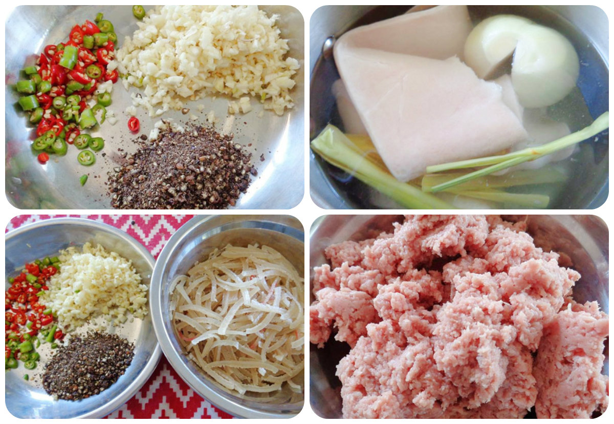 Sơ chế phần b&igrave; heo, thịt b&ograve; v&agrave; c&aacute;c gia vị để ướp nem