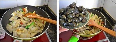 Cho măng v&agrave;o x&agrave;o trước, rồi đến ốc, th&ecirc;m nước v&agrave; om trong khoảng 30 ph&uacute;t