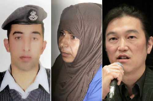 Muath al-Kasasbeh, Sajida al-Rishawi v&agrave; Kenji Goto, ba người li&ecirc;n quan đến cuộc trao đổi con tin giữa IS v&agrave; Jordan