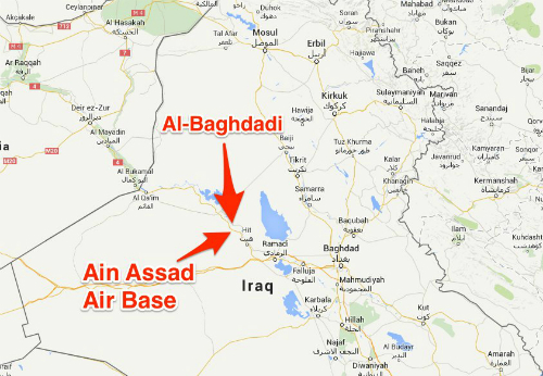 Căn cứ kh&ocirc;ng qu&acirc;n Ain al-Asad c&aacute;ch thị trấn al-Baghdadi khoảng 5km