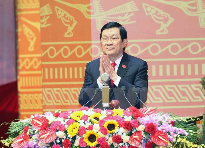 Đồng ch&iacute; Trương Tấn Sang, Ủy vi&ecirc;n Bộ Ch&iacute;nh trị, Chủ tịch nước đọc Diễn văn khai mạc Đại hội. 