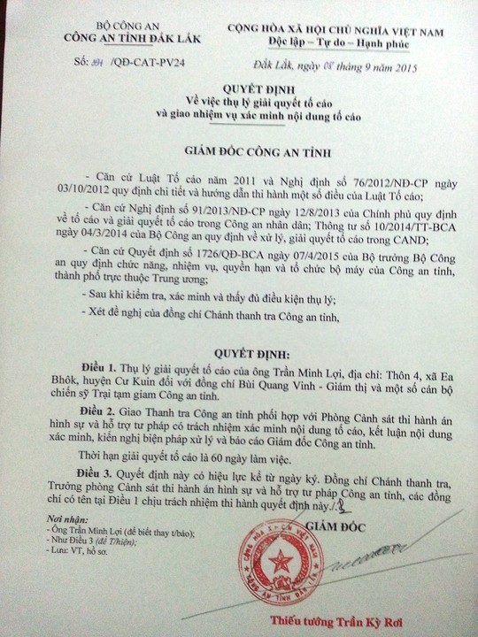 Quyết định x&aacute;c minh đơn thư tố c&aacute;o gi&aacute;m thị trại tạm giam v&ograve;i tiền người nh&agrave; phạm nh&acirc;n của C&ocirc;ng an tỉnh Đắk Lắk