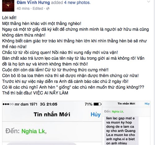 D&ograve;ng trạng th&aacute;i 'vạch mặt' Quang L&ecirc; tr&ecirc;n trang c&aacute; nh&acirc;n của Đ&agrave;m Vĩnh Hưng