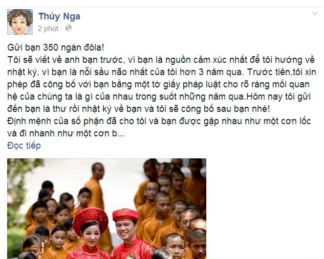 Những dòng t&acirc;m sự Thúy Nga vi&ecirc;́t gửi ch&ocirc;̀ng cũ tr&ecirc;n trang cá nh&acirc;n