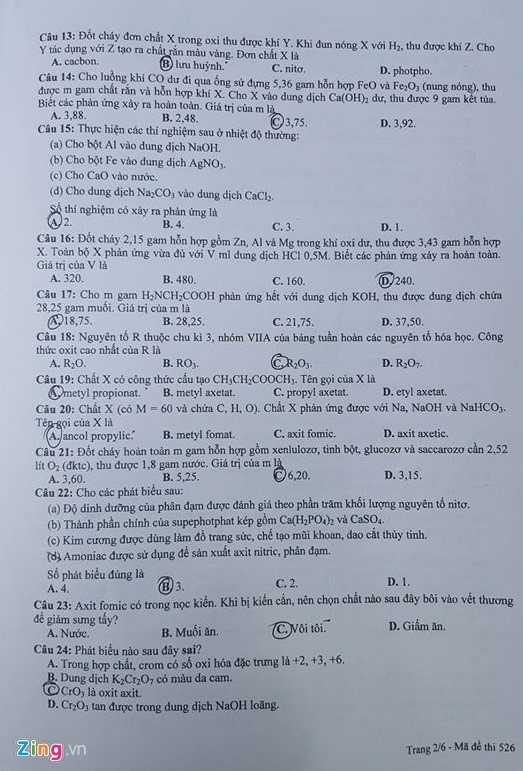 Đề thi m&ocirc;n H&oacute;a học THPT quốc gia năm 2016 m&atilde; đề 526