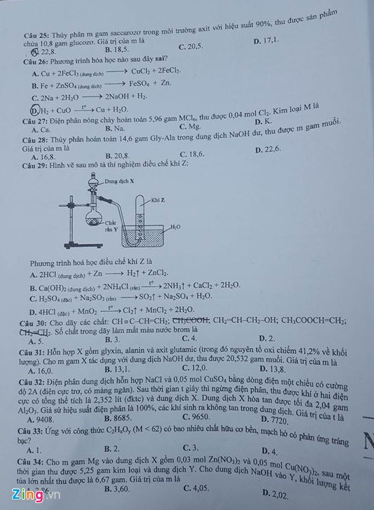 Đề thi m&ocirc;n H&oacute;a học THPT quốc gia năm 2016 m&atilde; đề 526