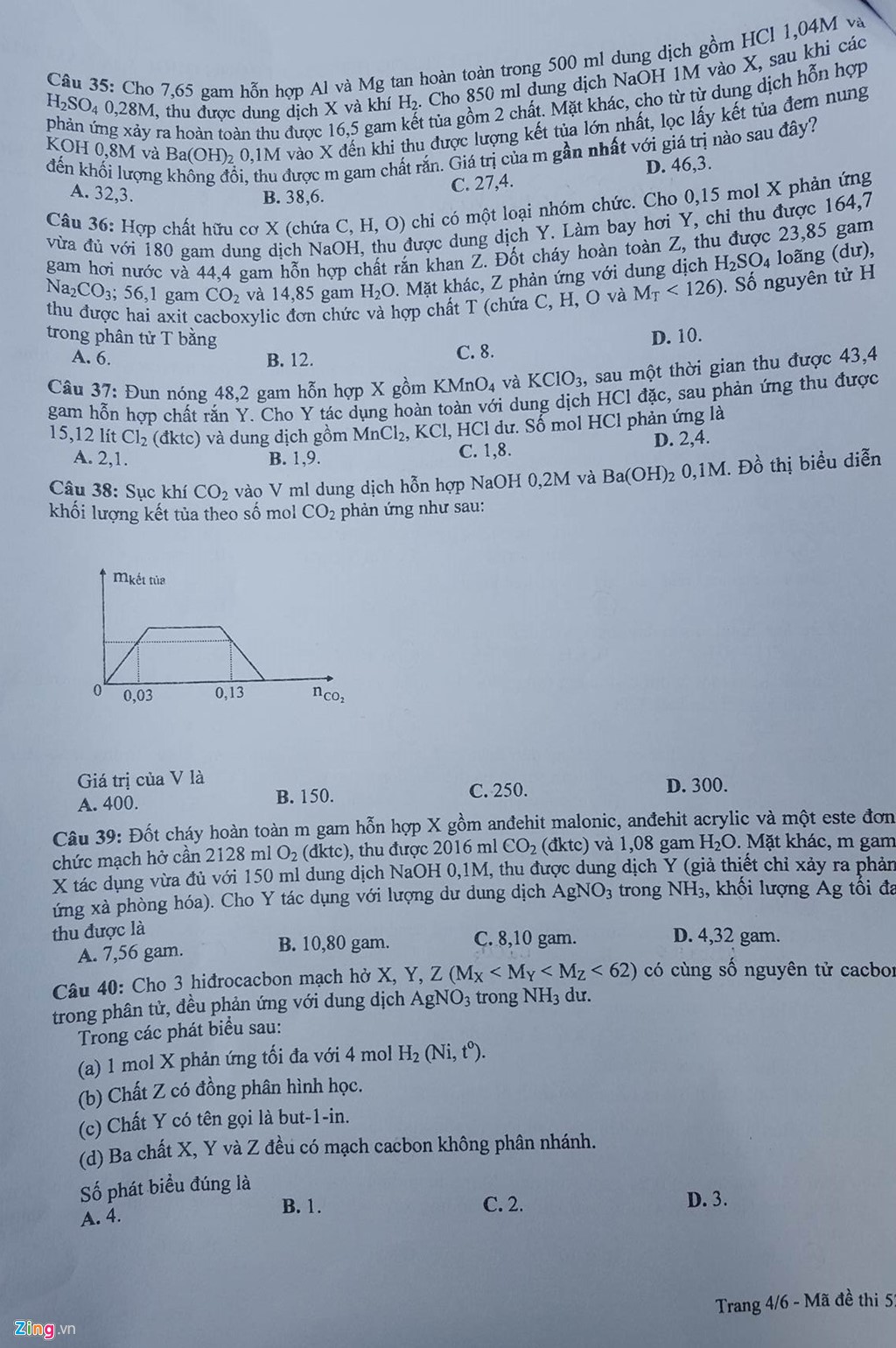 Đề thi m&ocirc;n H&oacute;a học THPT quốc gia năm 2016 m&atilde; đề 526