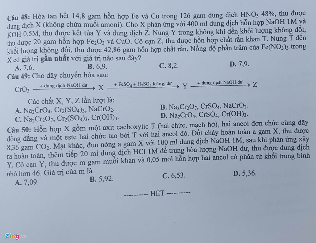 Đề thi m&ocirc;n H&oacute;a học THPT quốc gia năm 2016 m&atilde; đề 526