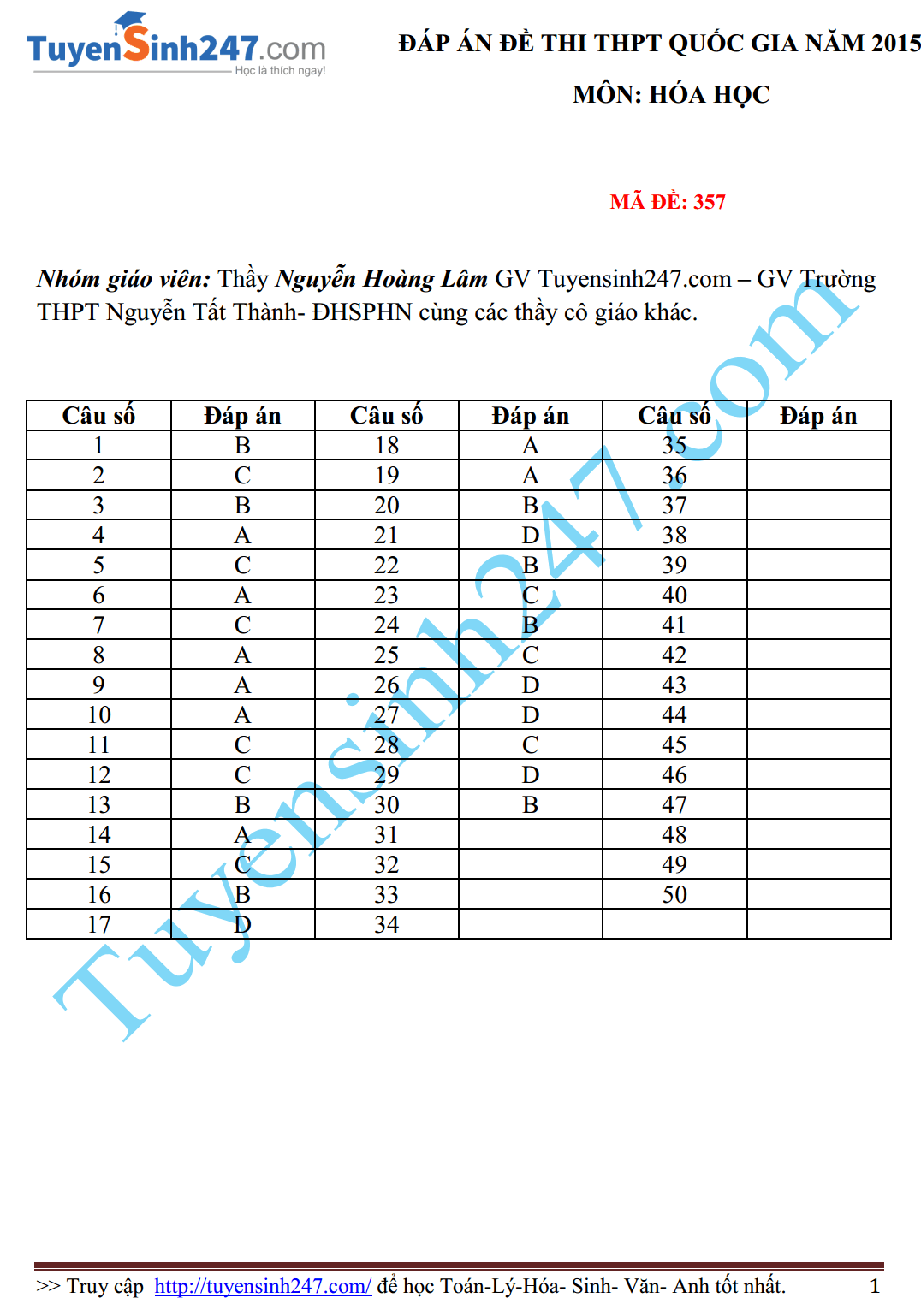 Đ&aacute;p &aacute;n m&ocirc;n H&oacute;a học thi Quốc gia 2015 m&atilde; đề thi 357 tham khảo cho phụ huynh v&agrave; th&iacute; sinh
