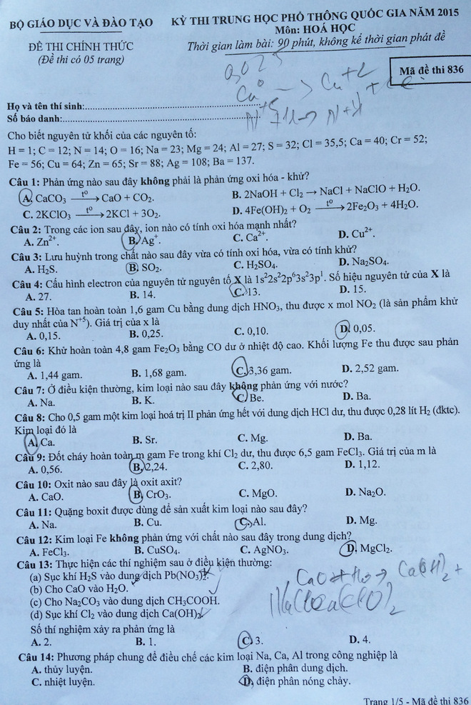 Đ&aacute;p &aacute;n m&ocirc;n H&oacute;a k&igrave; thi quốc gia