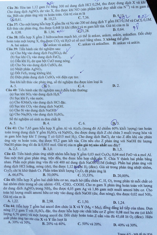 Đ&aacute;p &aacute;n m&ocirc;n H&oacute;a k&igrave; thi quốc gia