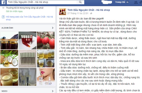 Trang mạng x&atilde; hội facebook của Tinh dầu nguy&ecirc;n chất - H&agrave; H&agrave; shop