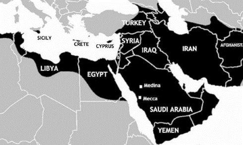 Bản đồ Đế chế Arab hay c&ograve;n gọi l&agrave; Caliphate thời đ&oacute;