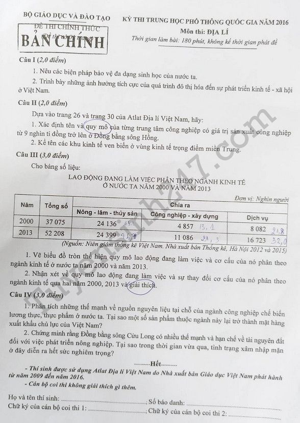 Đề thi m&ocirc;n Địa l&iacute; THPT Quốc gia năm 2016 ch&iacute;nh thức