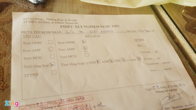Kết quả x&eacute;t nghiệm &acirc;m t&iacute;nh với ma t&uacute;y được Diễm Hương c&ocirc;ng bố trong một cuộc gặp gỡ với ph&oacute;ng vi&ecirc;n h&ocirc;m 3/4.